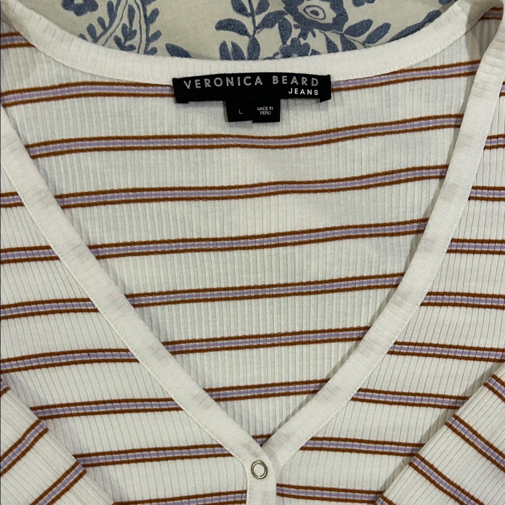 Veronica Beard White and Brown Striped V-Neck